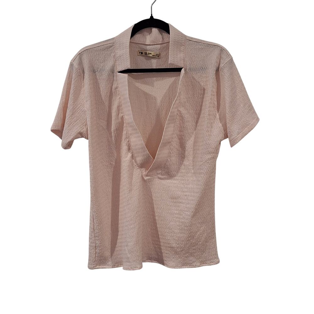 Xcel Jeans Pink Textured Seersucker Cut Out Deep V-Neck Top Shirt Size Small